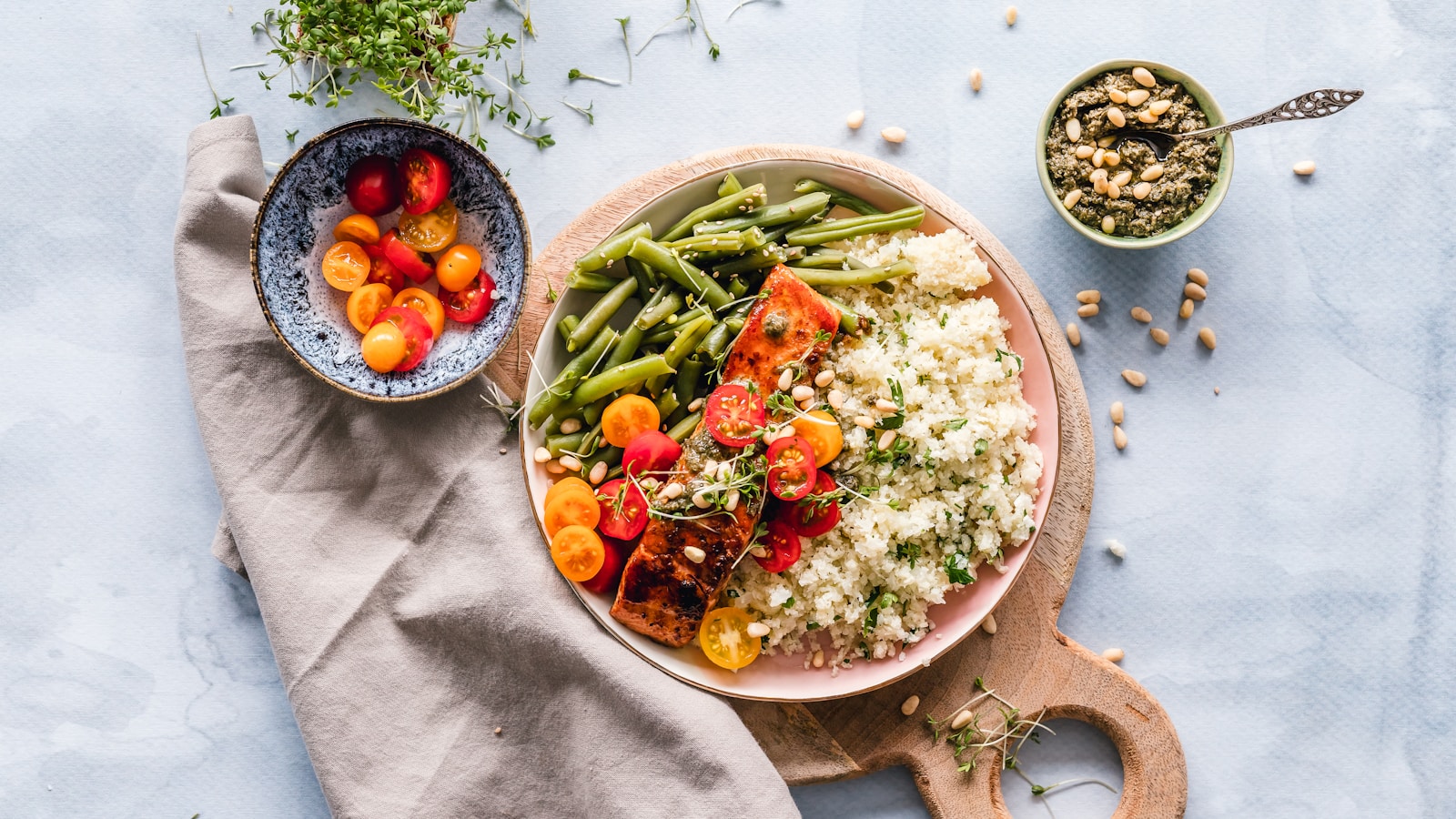 Mediterranean meal with olive oil tomatoes fish and bread