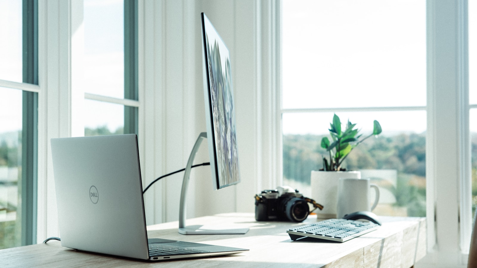 Person sitting upright at a tidy home desk with a laptop and external monitor